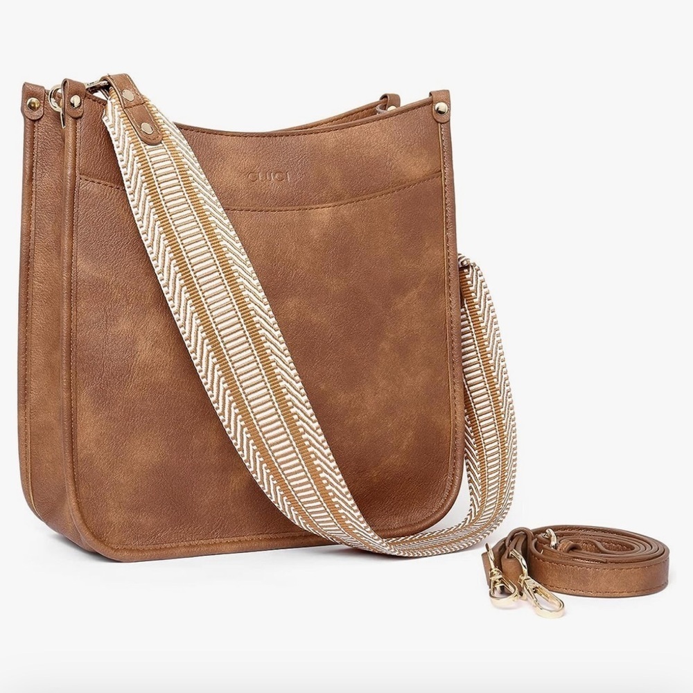 Brown Leather Shoulder Bag with Striped Strap - Picture 1 of 12
